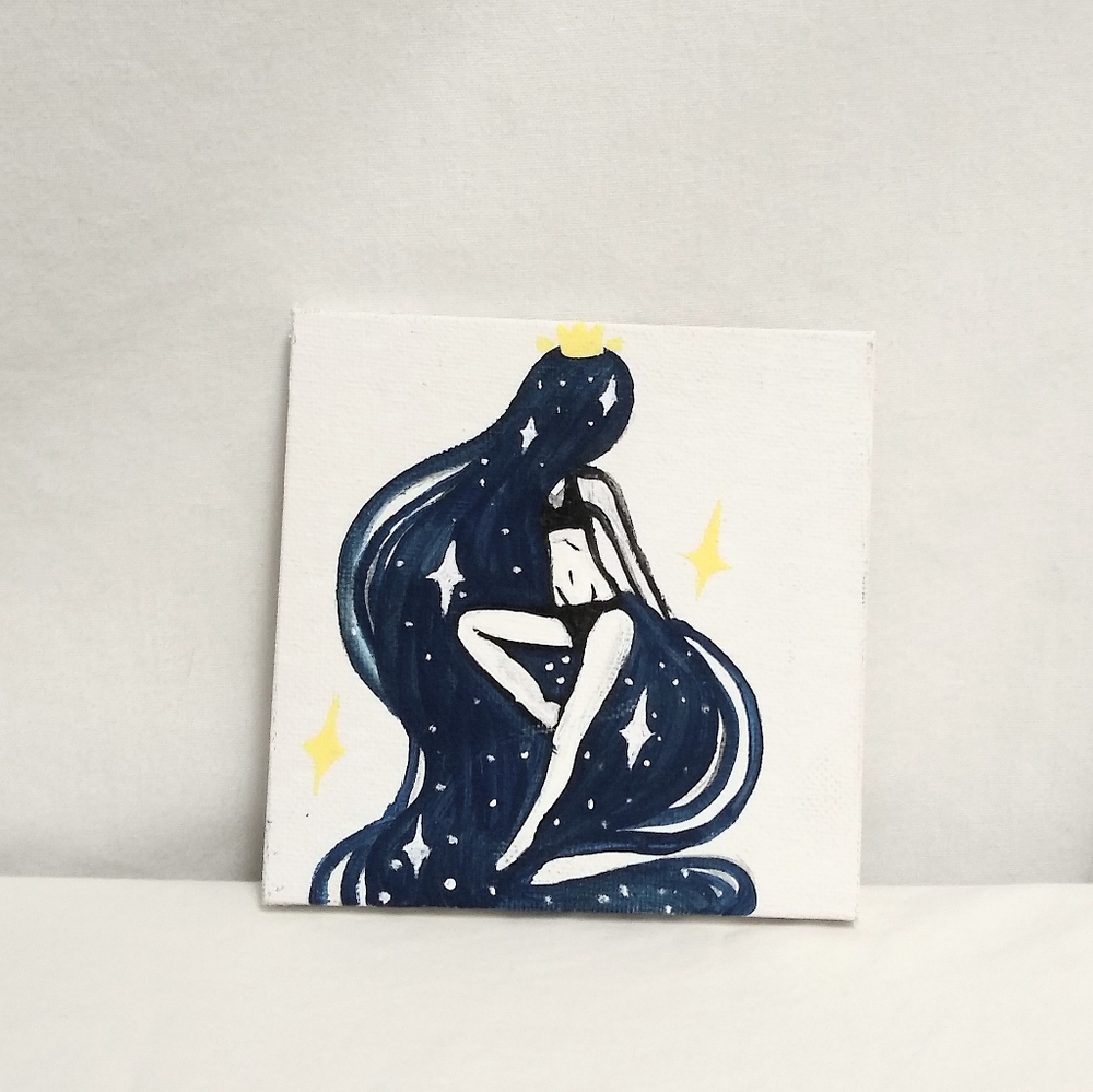 Mini Art Blue Hair Star Girl Hand Painted 4 inch by 4 inch Blue Hair Rapunzel